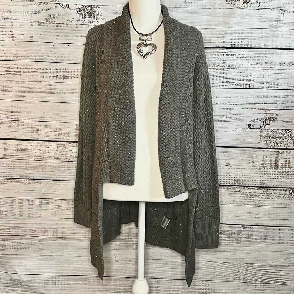 Metaphor Women's Grey Silver Sweater Cardigan Size Large w/Heart Necklace